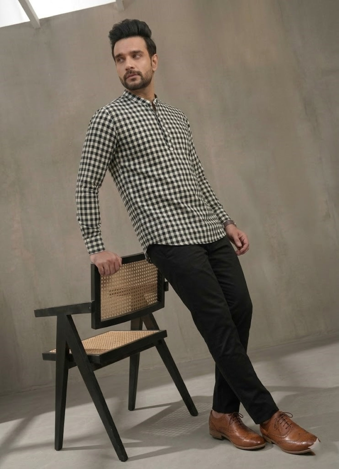 Men Checked Thread Work Pathani Kurta