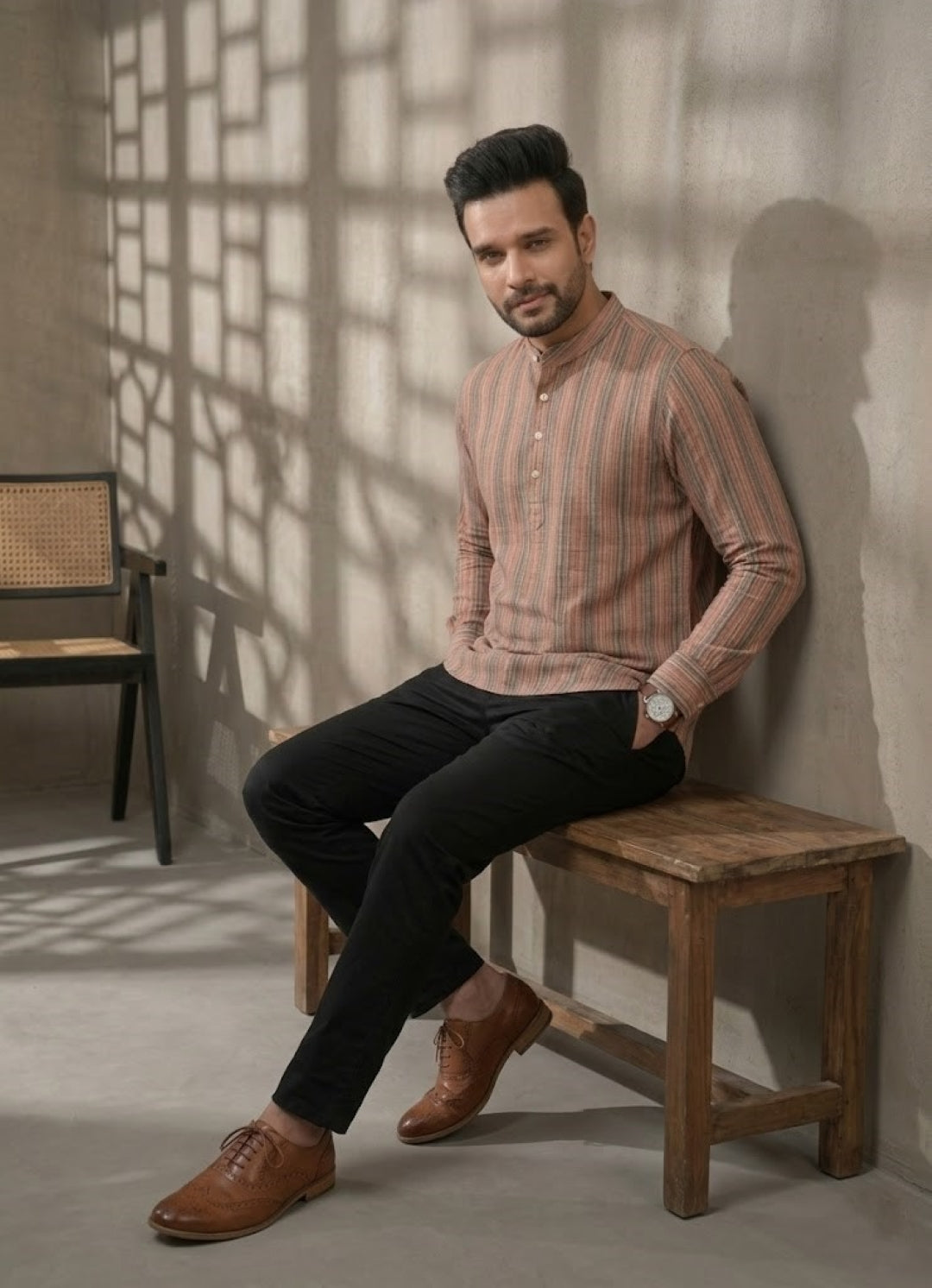Men Checked Mirror Work Handloom Kurta