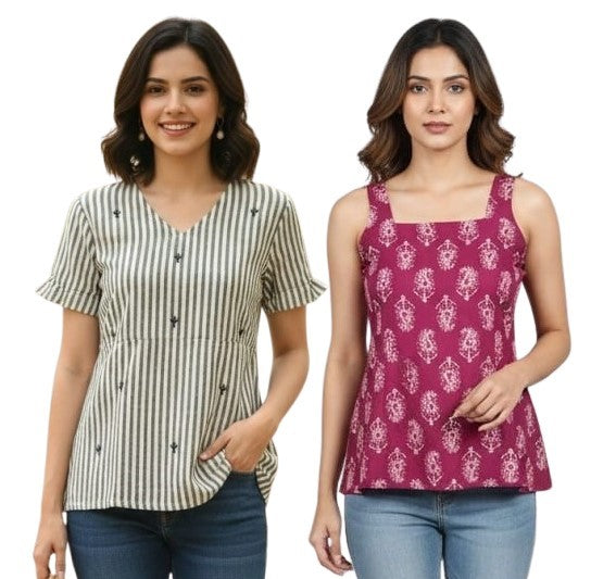 Combo of 2 BEIGE And PURPLE Cotton Flax Women Top