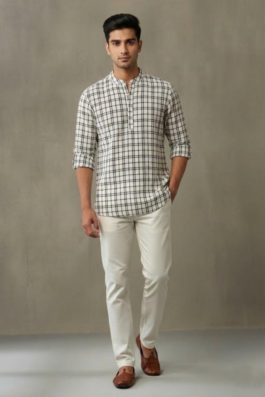 Men White Line Kurta