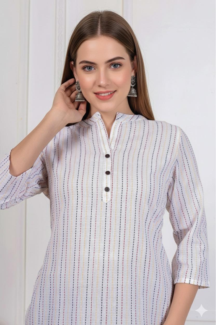 Women Striped Mandarin Collar Cotton Top