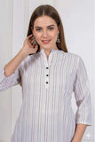 Women Striped Mandarin Collar Cotton Top