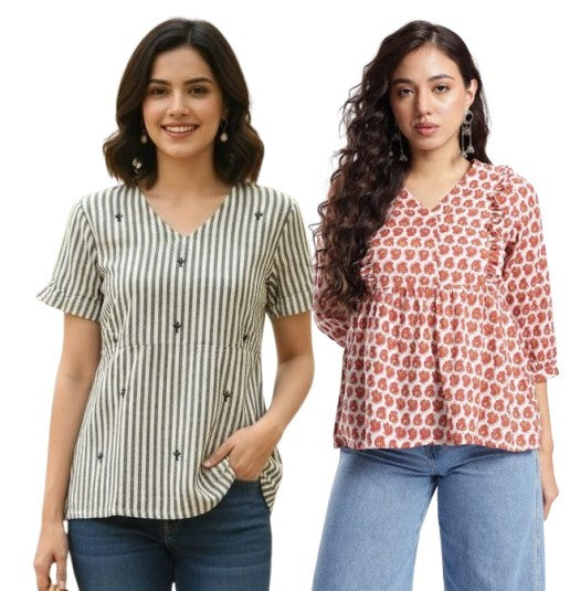 Combo of 2 BEIGE And REDCREAM Cotton Flax Women Top (15050-TP066)