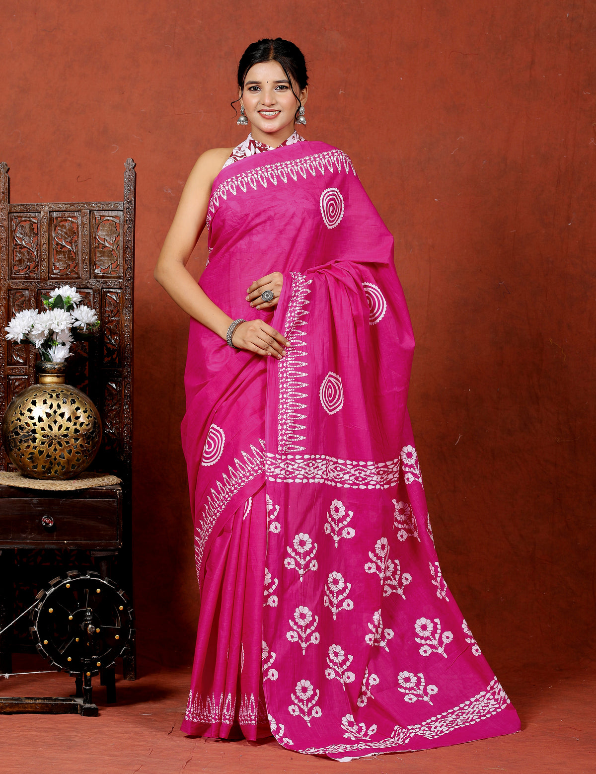 Bagru Block Print Cotton mulmul Sarees With Running Blouse Pink Saree HS-5001