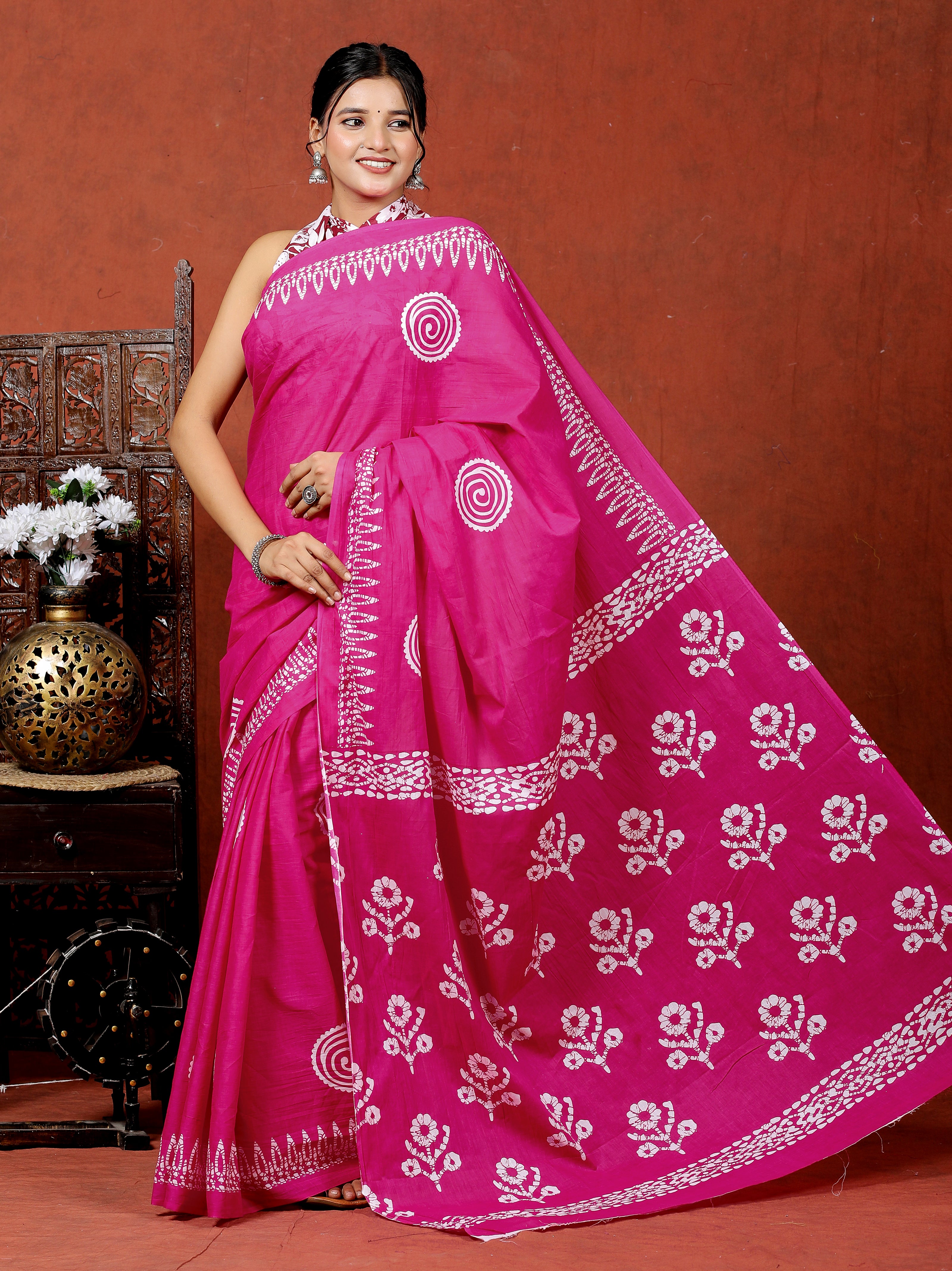 Bagru Block Print Cotton mulmul Sarees With Running Blouse Pink Saree HS-5001