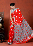 Bagru Block Print Cotton mulmul Sarees With Running Blouse Red Floral Saree HS-5002