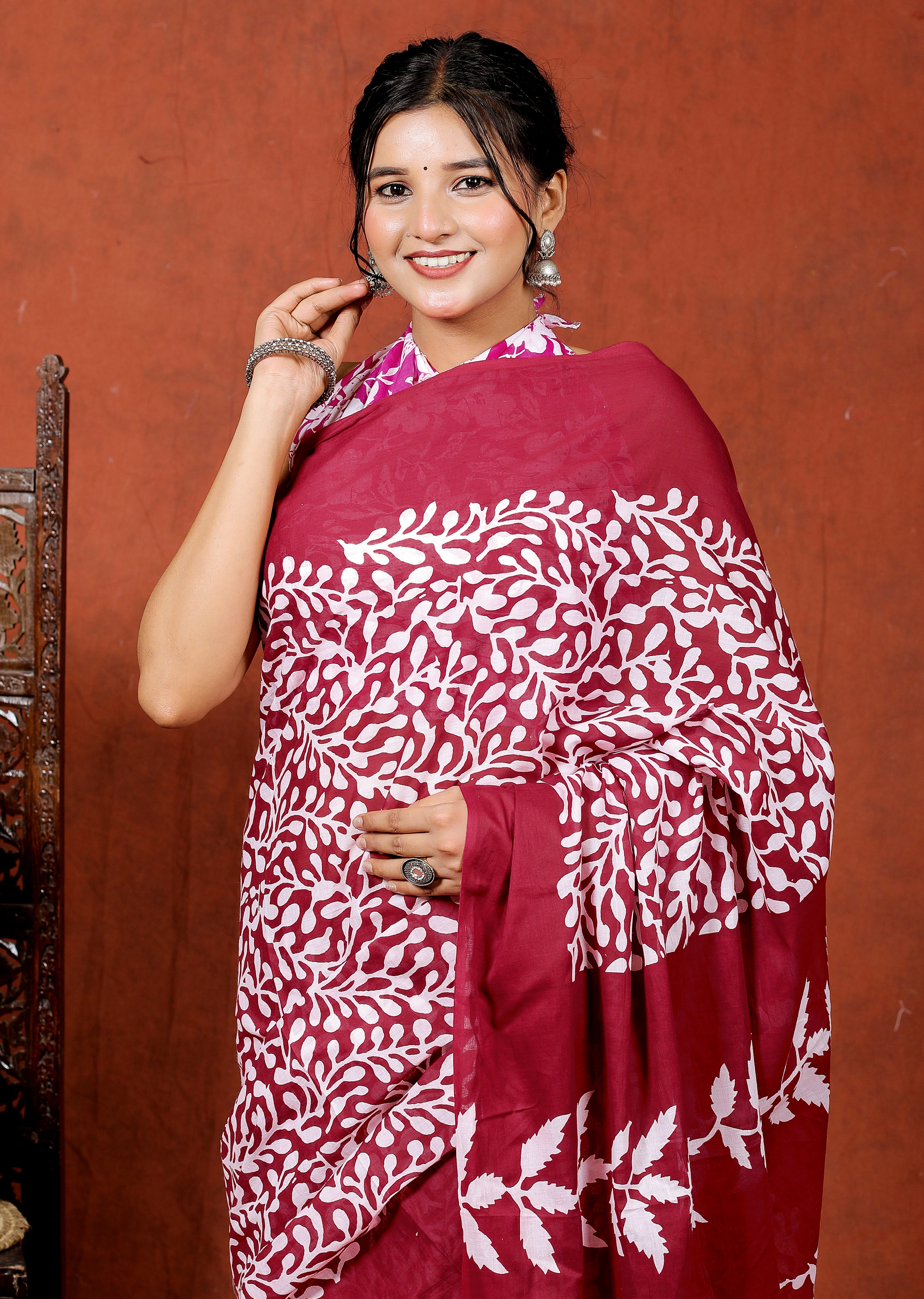 Bagru Block Print Cotton mulmul Sarees With Running Blouse Wine Saree HS-5003