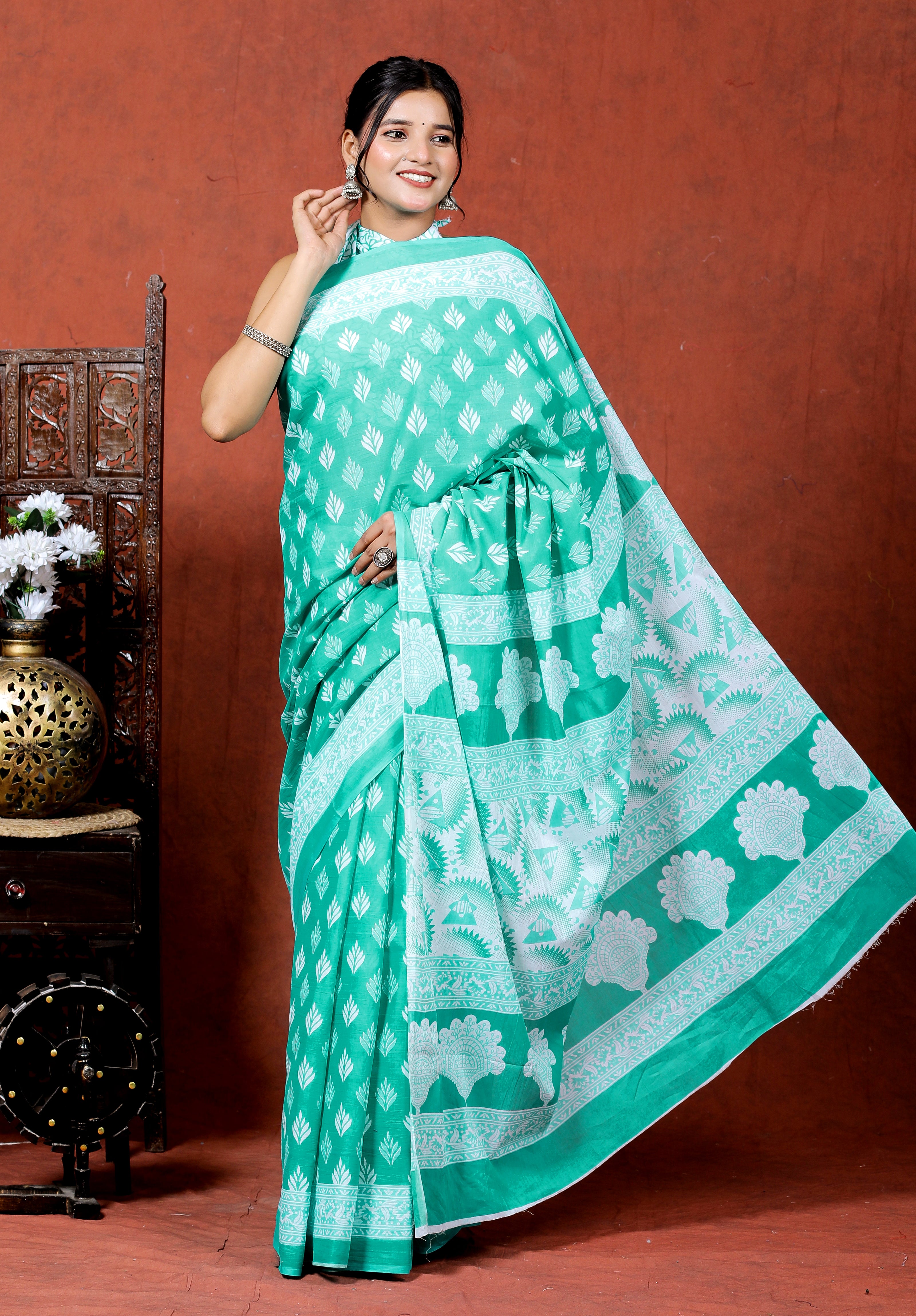 Bagru Block Print Cotton mulmul Sarees With Running Blouse Light Green HS-5007