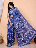 Bagru Block Print Cotton mulmul Sarees With Running Blouse Blue HS-5016