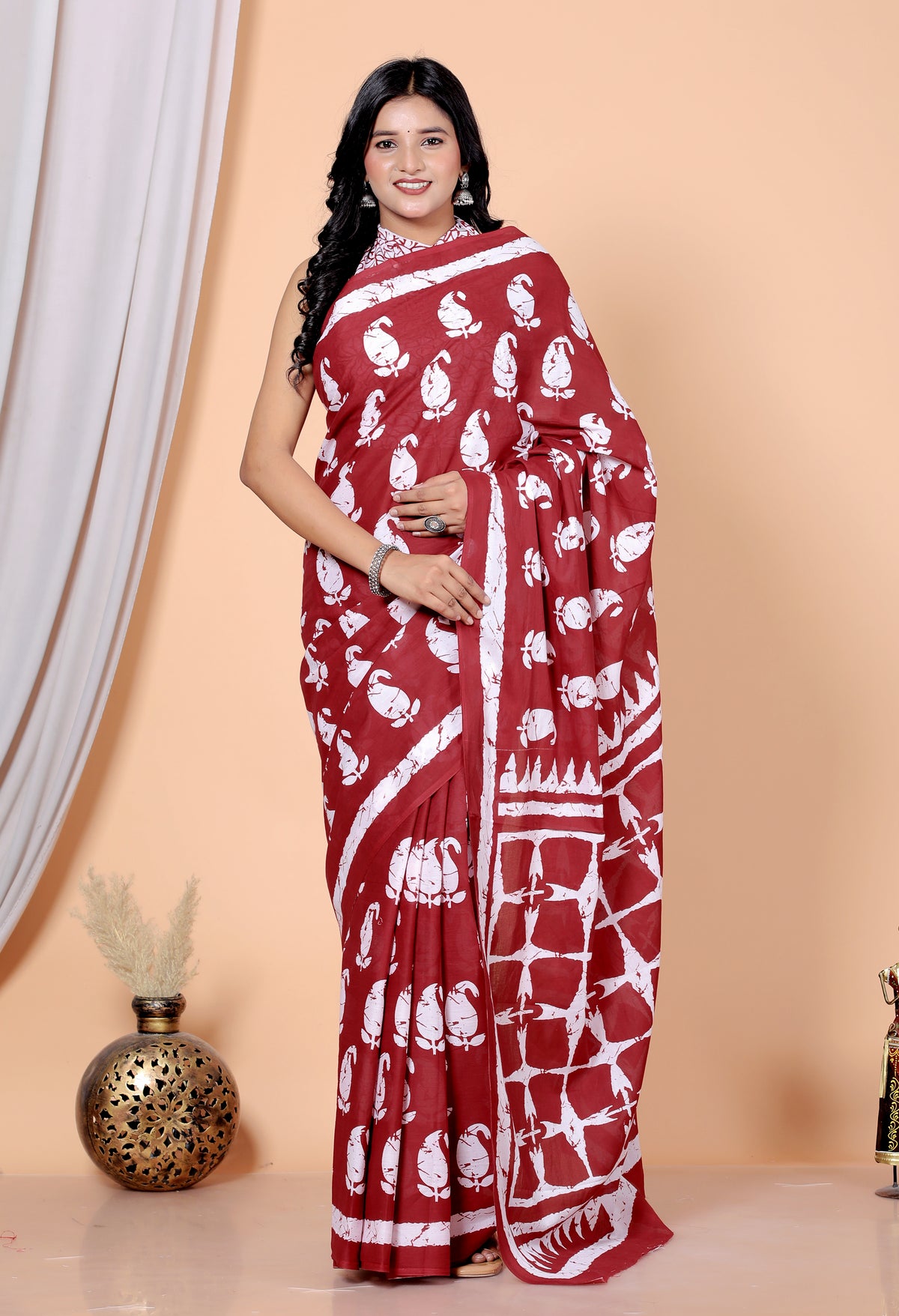 Bagru Block Print Cotton mulmul Sarees With Running Blouse Red HS-5020