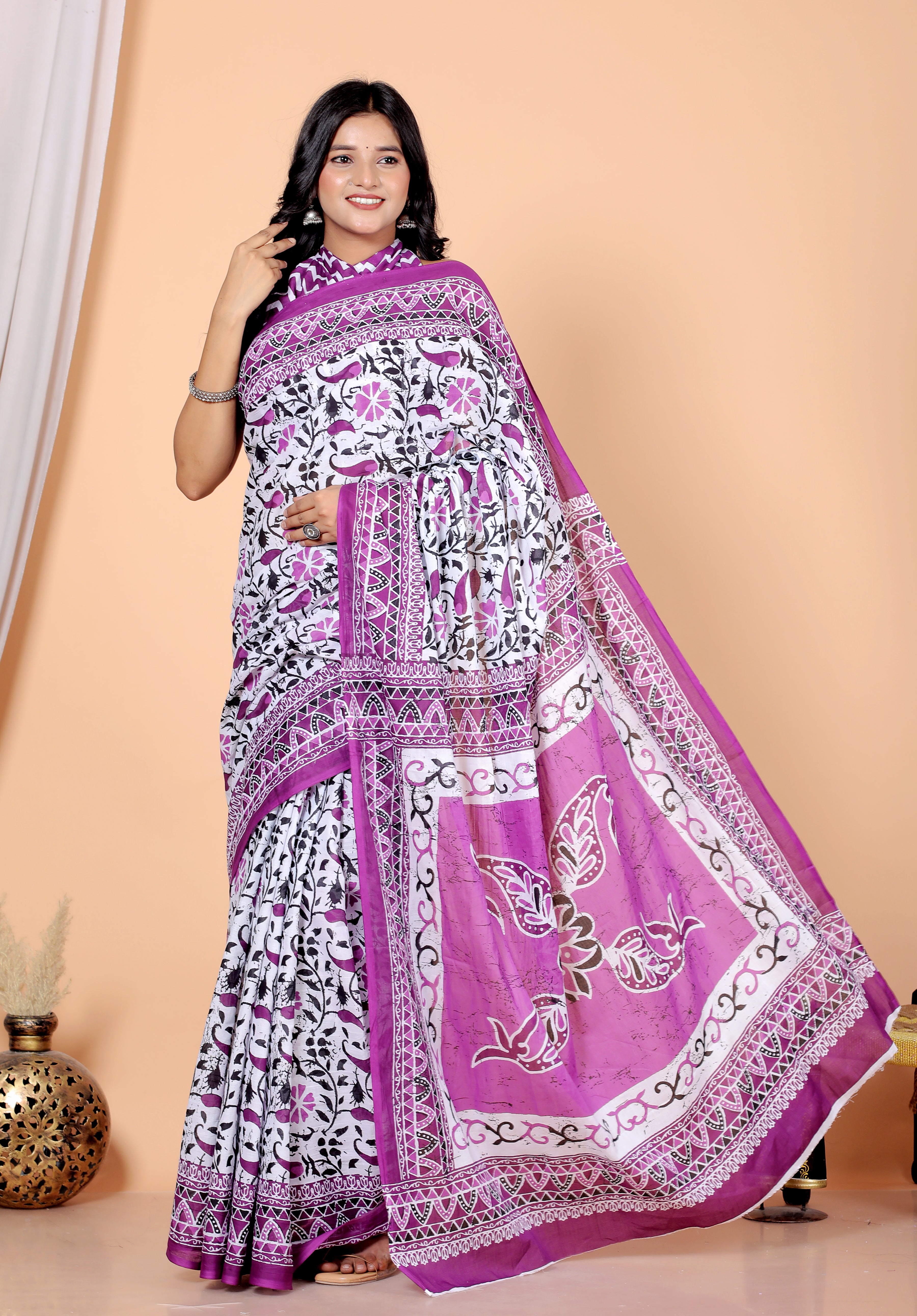 Bagru Block Print Cotton mulmul Sarees With Running Beige HS-5025