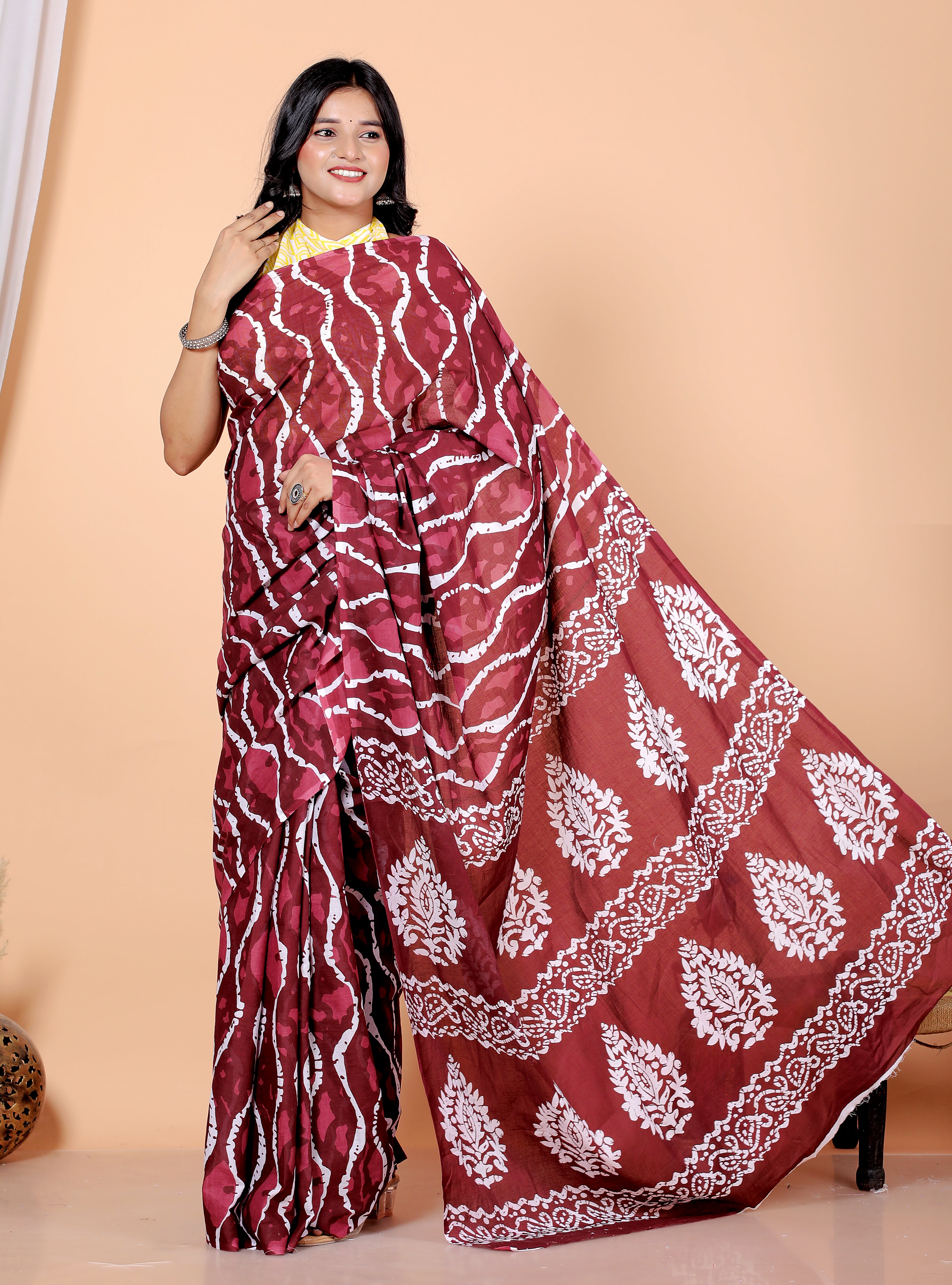Bagru Block Print Cotton mulmul Sarees With Running Red Printed Saree  HS-5026