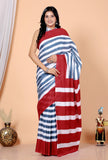Bagru Block Print Cotton mulmul Sarees With Running Red White Line HS-5027