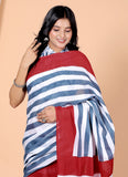 Bagru Block Print Cotton mulmul Sarees With Running Red White Line HS-5027