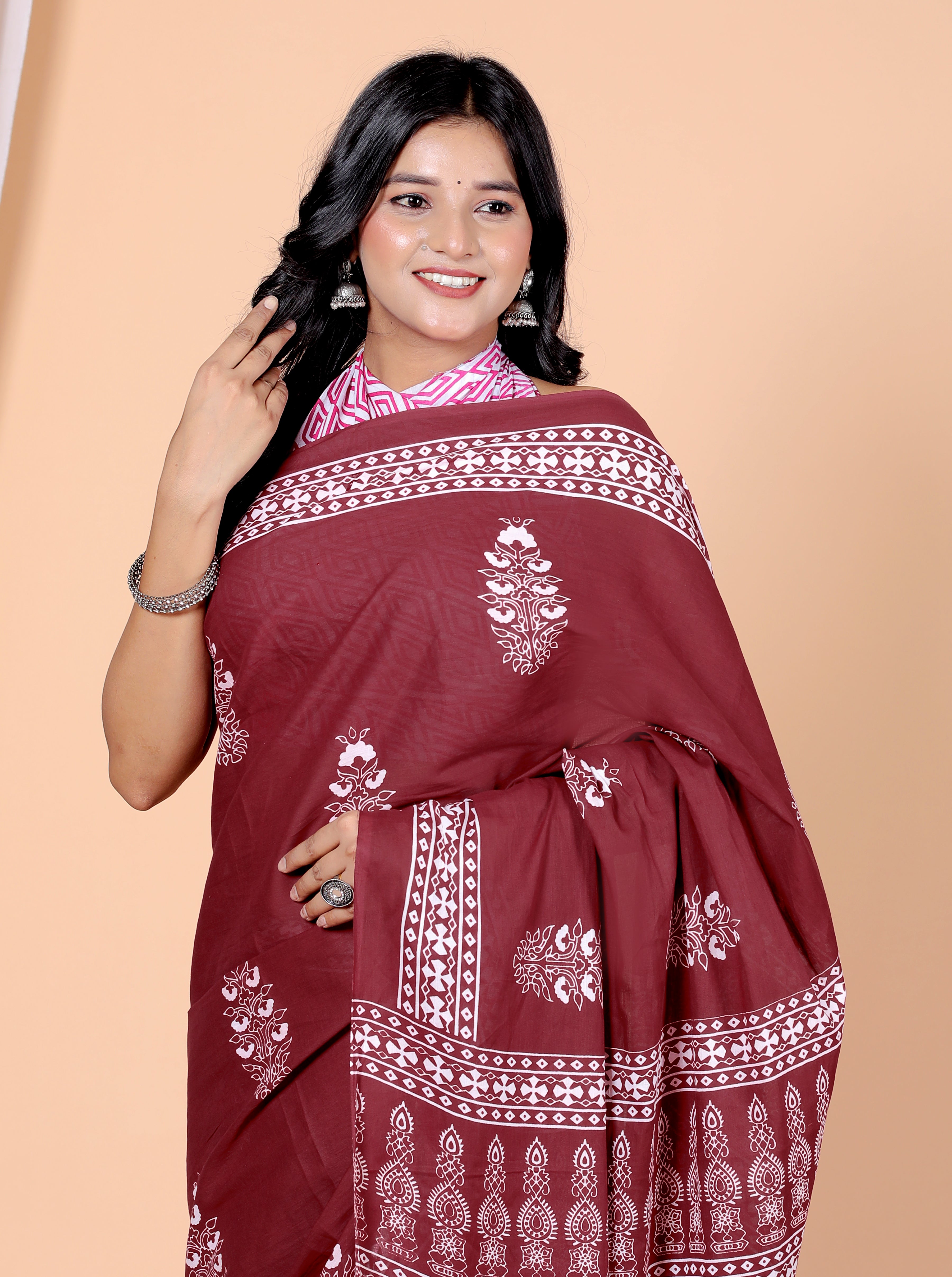 Bagru Block Print Cotton mulmul Sarees With Running Mehroon HS-5028