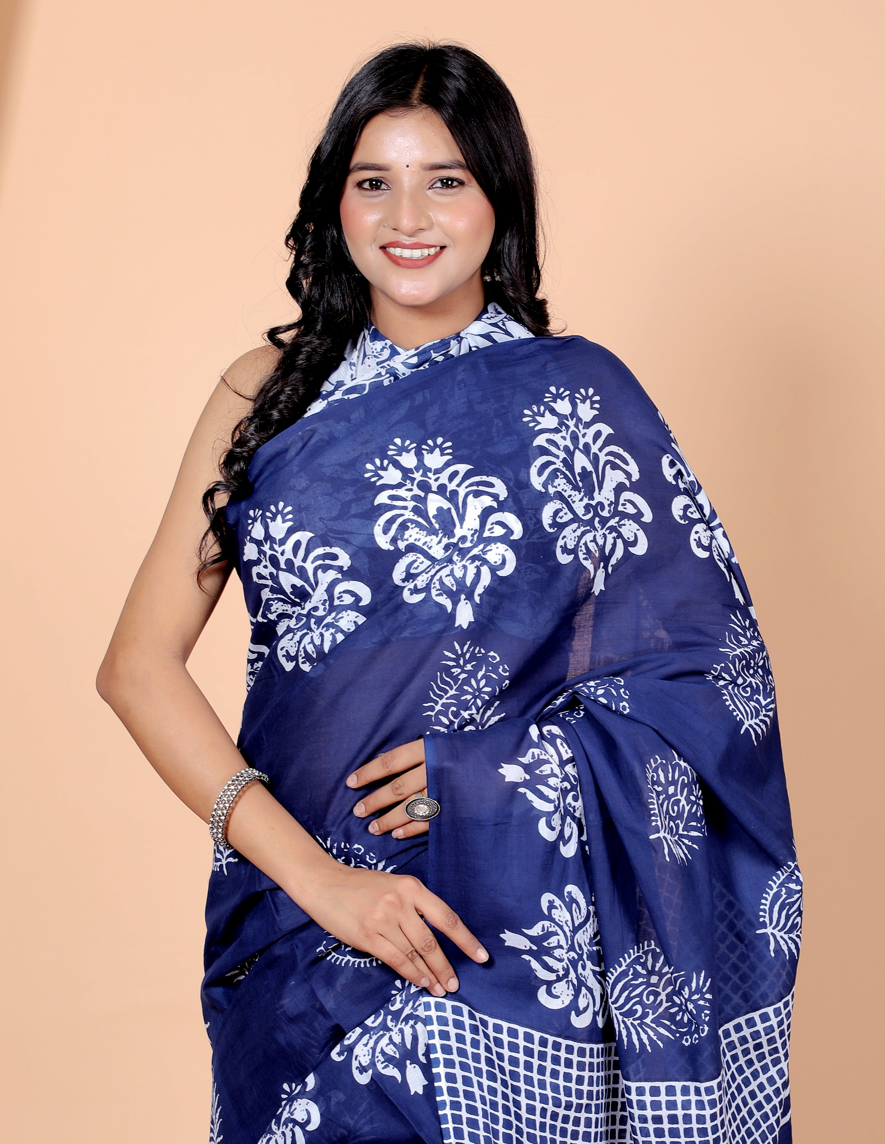 Bagru Block Print Cotton mulmul Sarees With Running Blue HS-5029