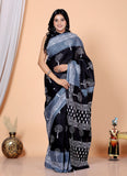 Bagru Block Print Cotton mulmul Sarees With Running Black Grey HS-5030