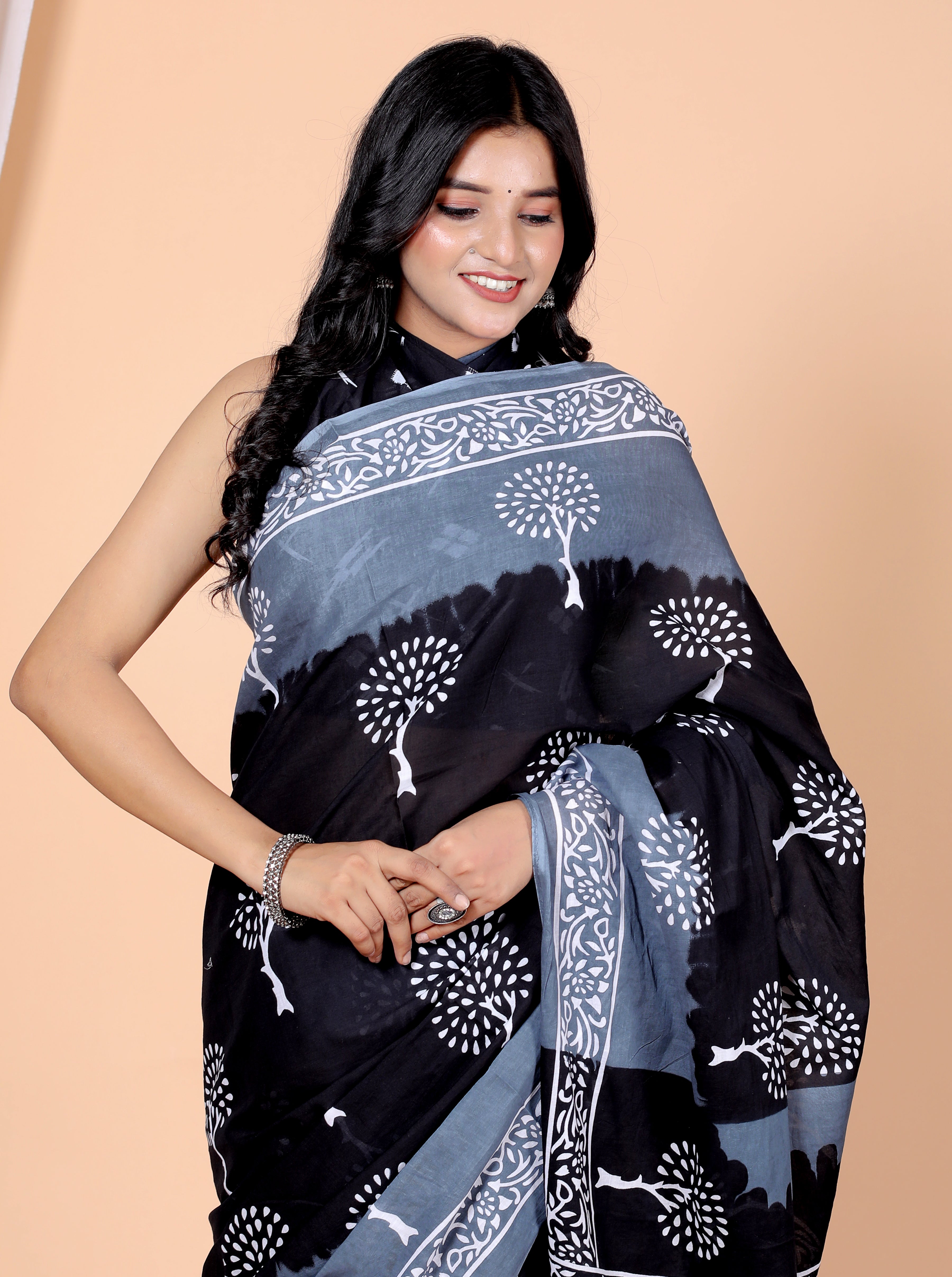 Bagru Block Print Cotton mulmul Sarees With Running Black Grey HS-5030