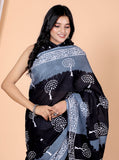 Bagru Block Print Cotton mulmul Sarees With Running Black Grey HS-5030
