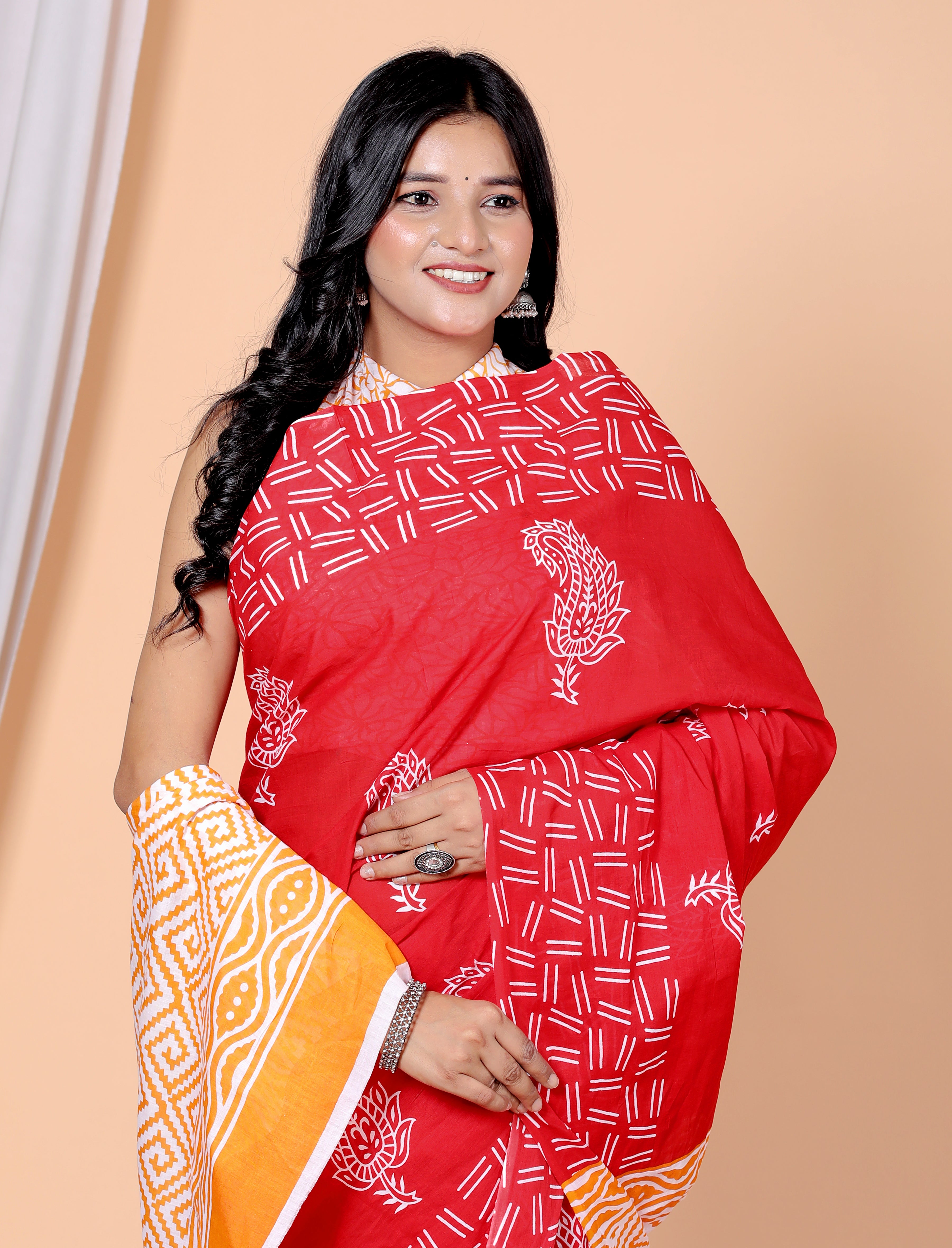 Bagru Block Print Cotton mulmul Sarees With Running Red HS-5031