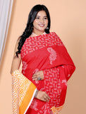 Bagru Block Print Cotton mulmul Sarees With Running Red HS-5031