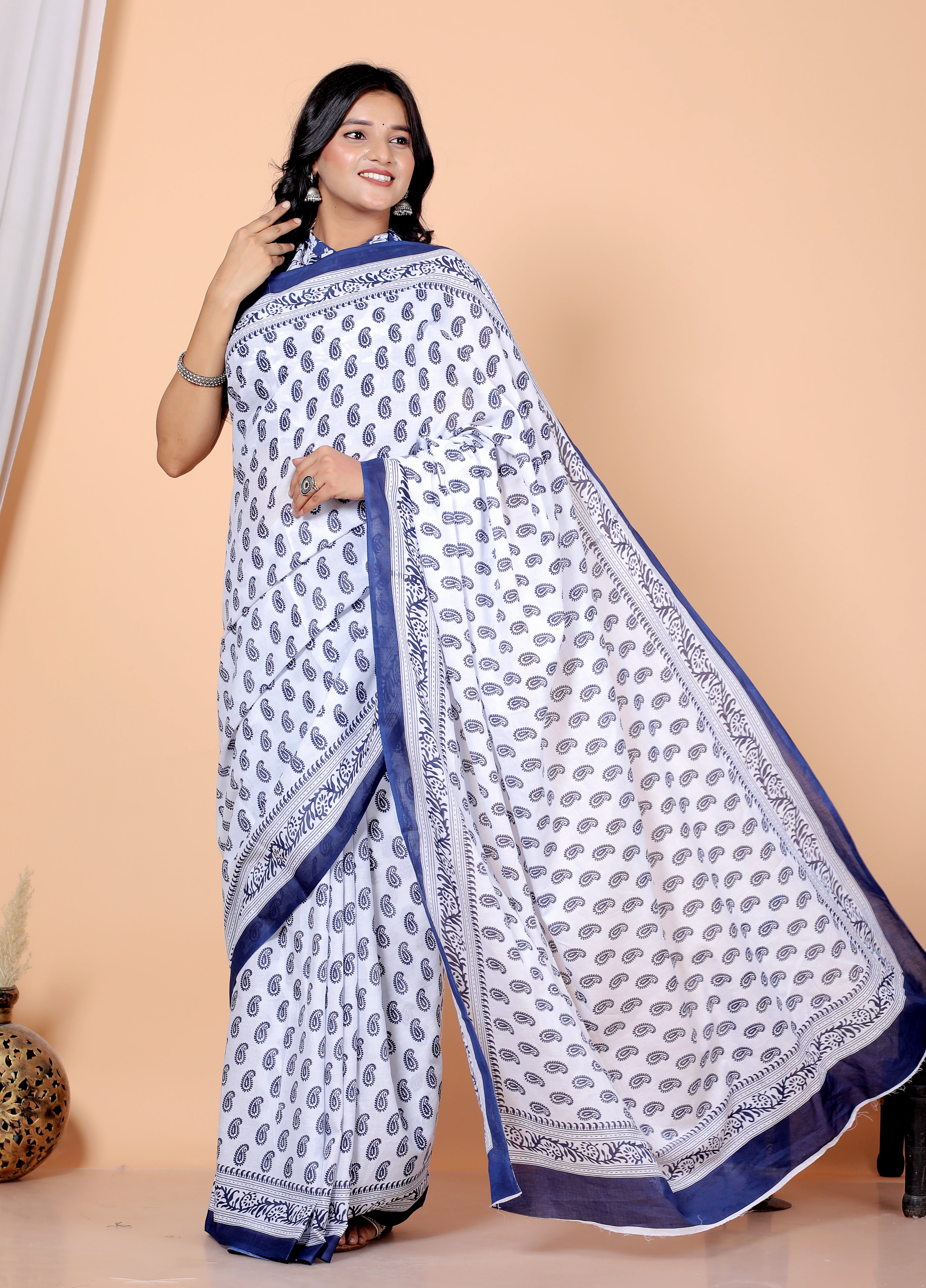 Bagru Block Print Cotton mulmul Sarees With Running White Flower HS-5033