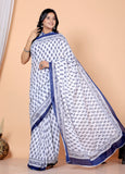 Bagru Block Print Cotton mulmul Sarees With Running White Flower HS-5033