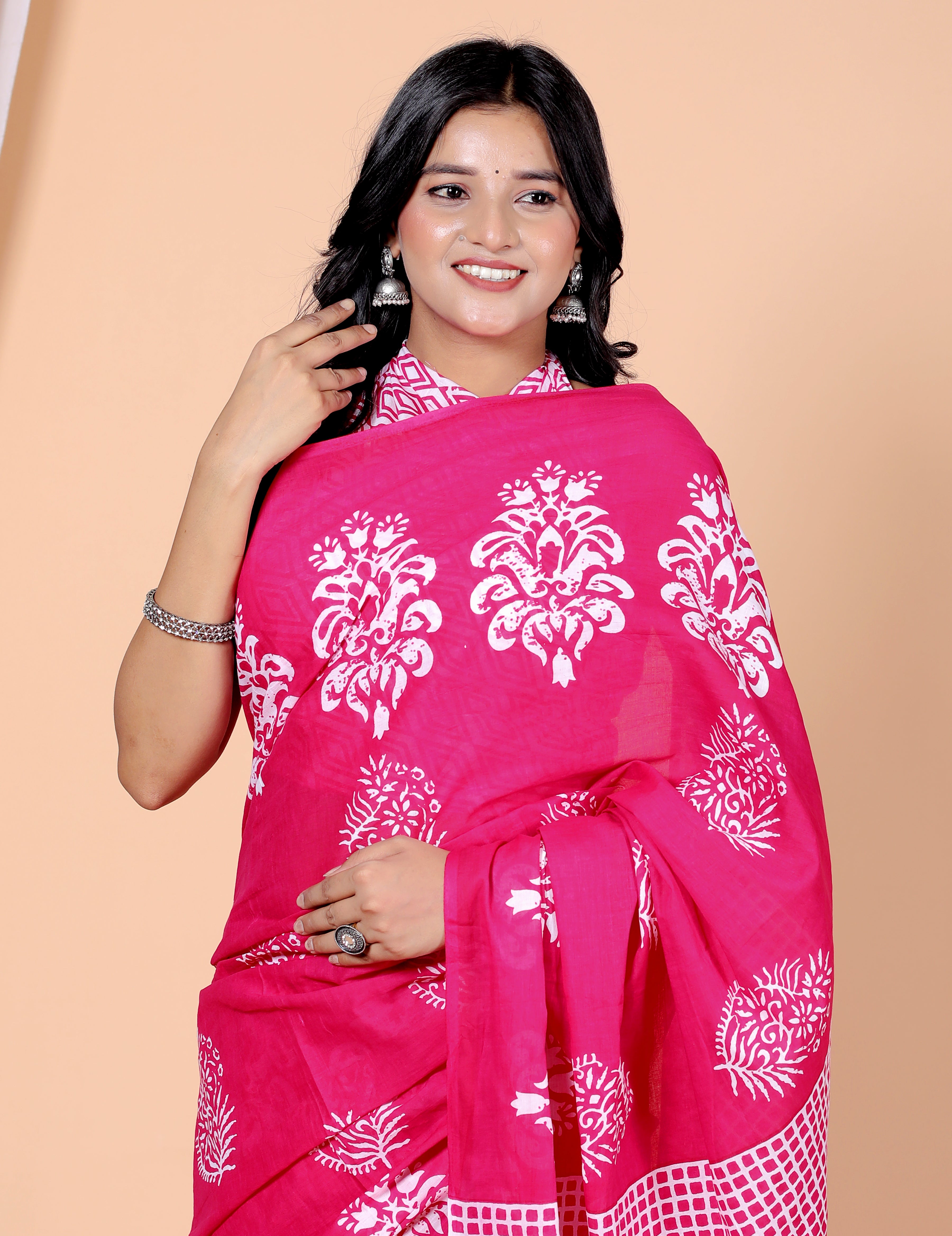 Bagru Block Print Cotton mulmul Sarees With Running Pink HS-5034