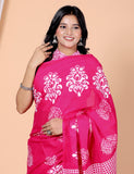 Bagru Block Print Cotton mulmul Sarees With Running Pink HS-5034