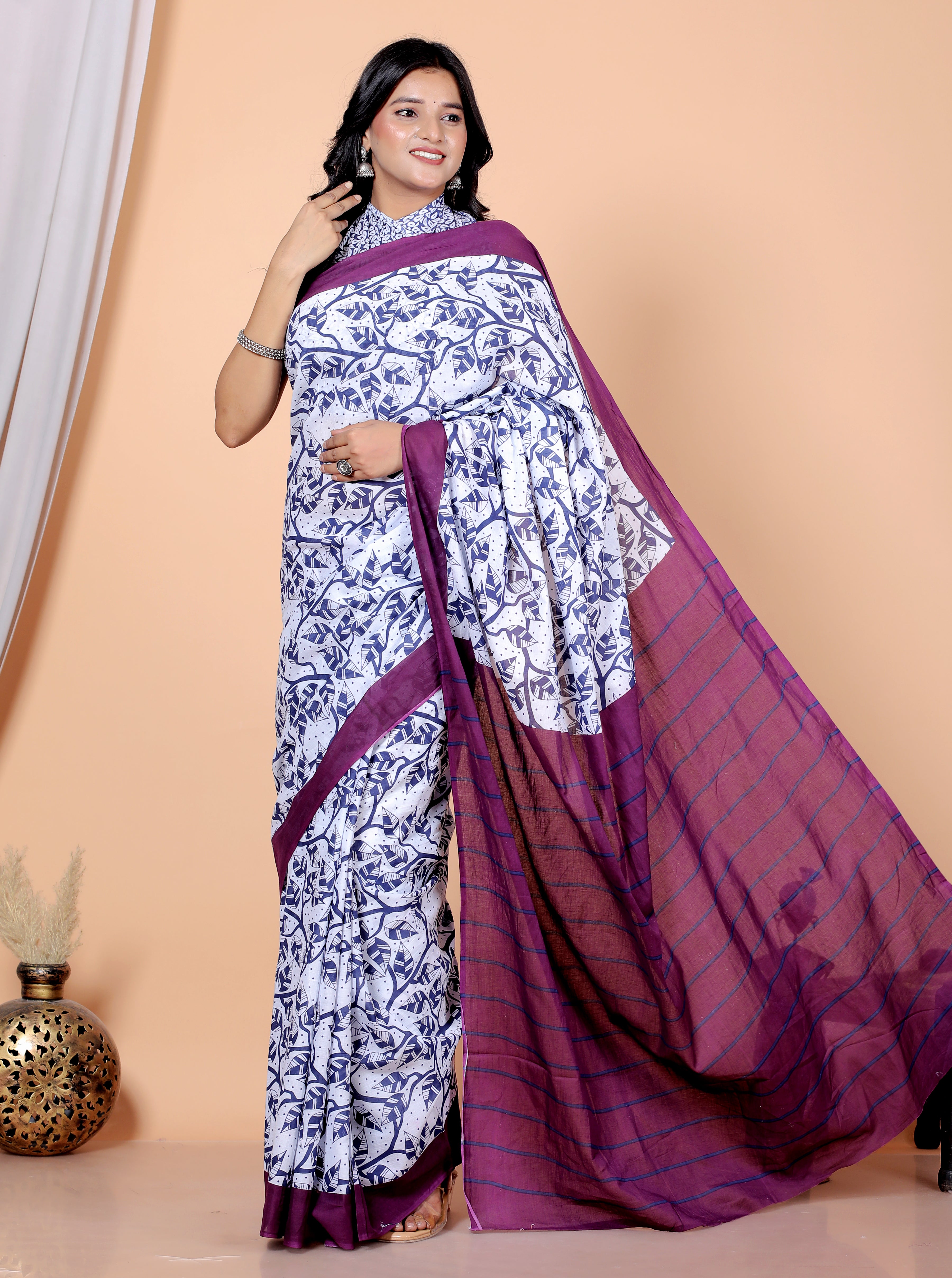 Bagru Block Print Cotton mulmul Sarees With Running White purple HS-5035