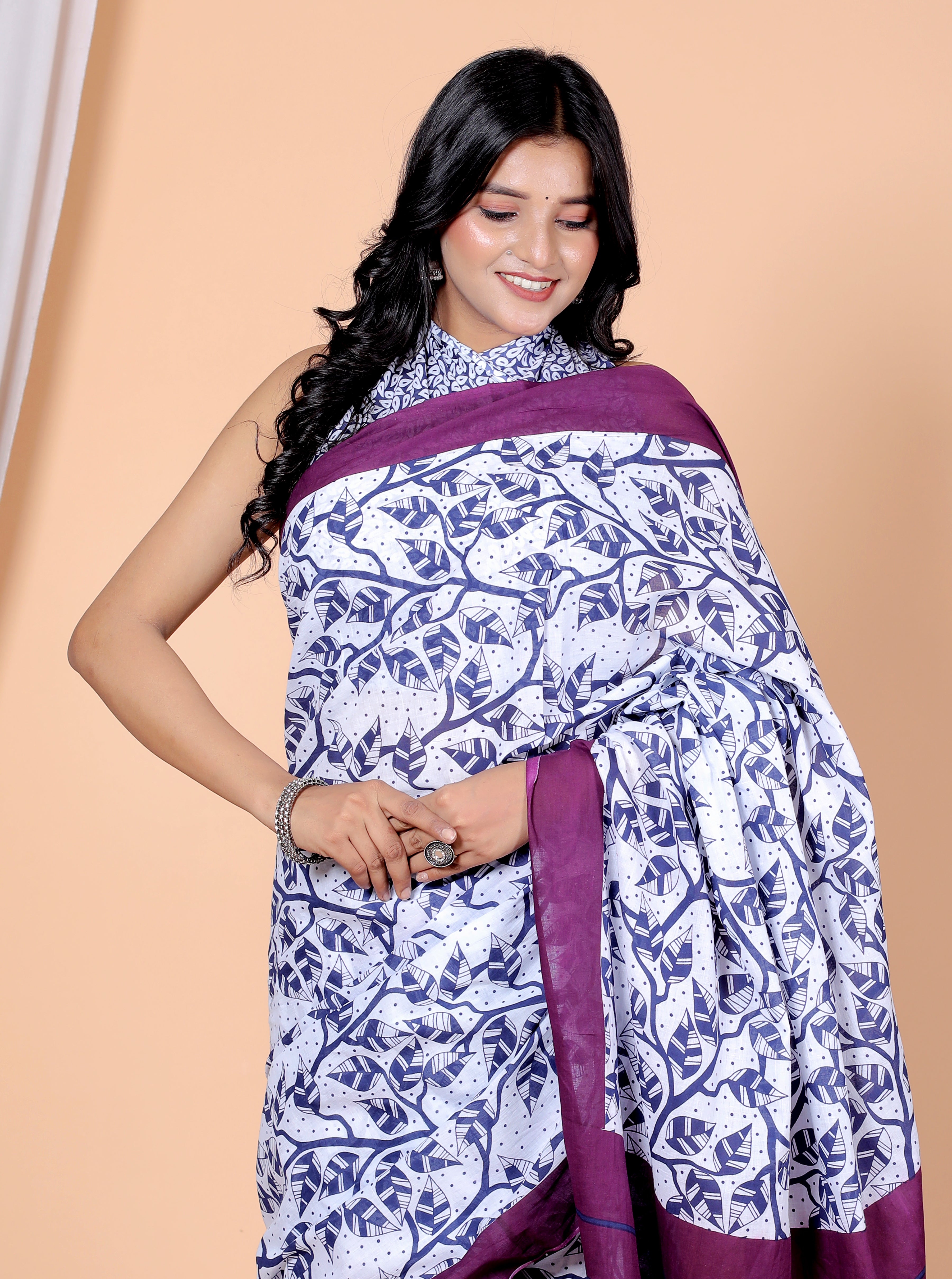 Bagru Block Print Cotton mulmul Sarees With Running White purple HS-5035