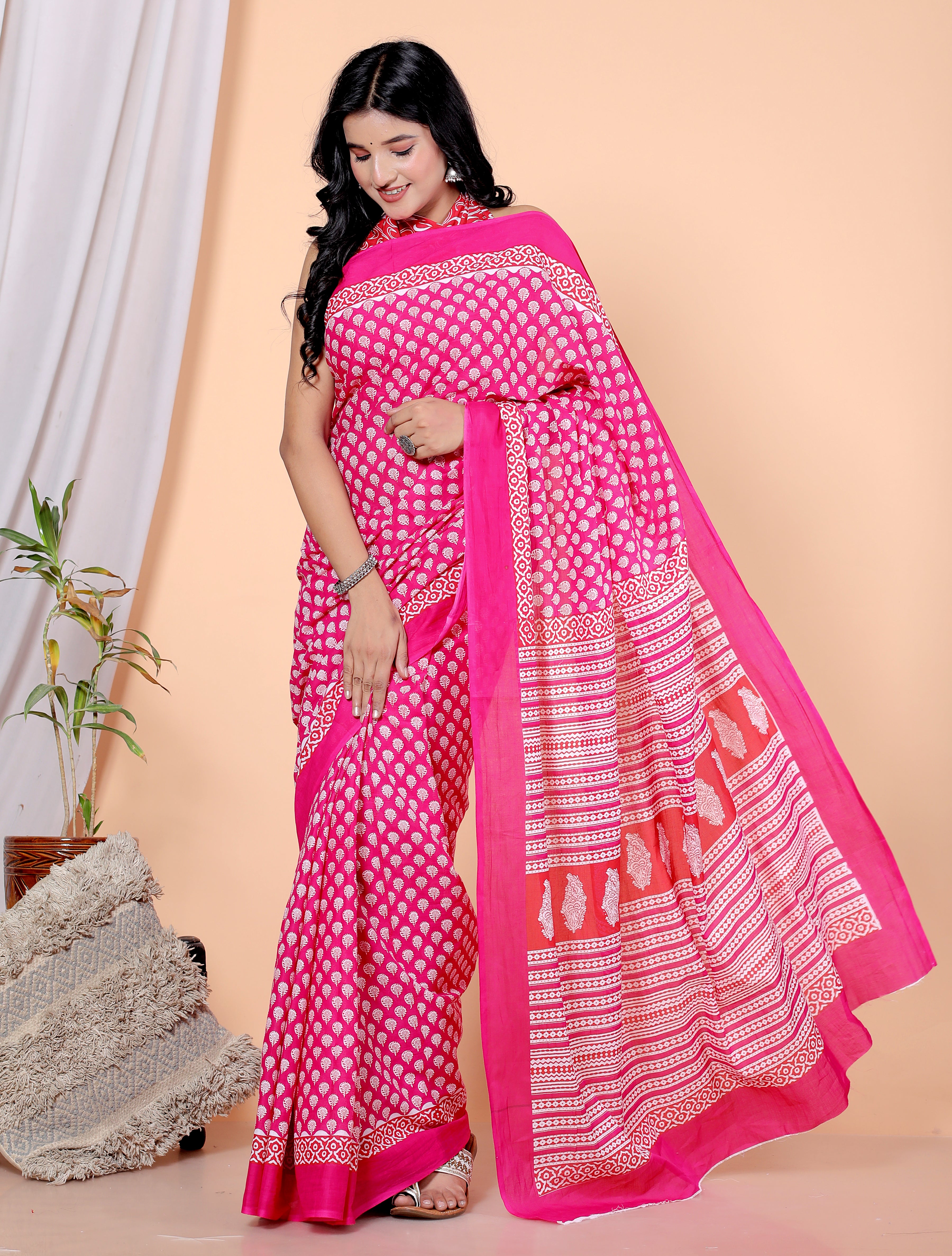 Bagru Block Print Cotton mulmul Sarees With Running Pink HS-5041