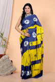Bagru Block Print Cotton mulmul Sarees With Running Yellow Blue  HS-5052
