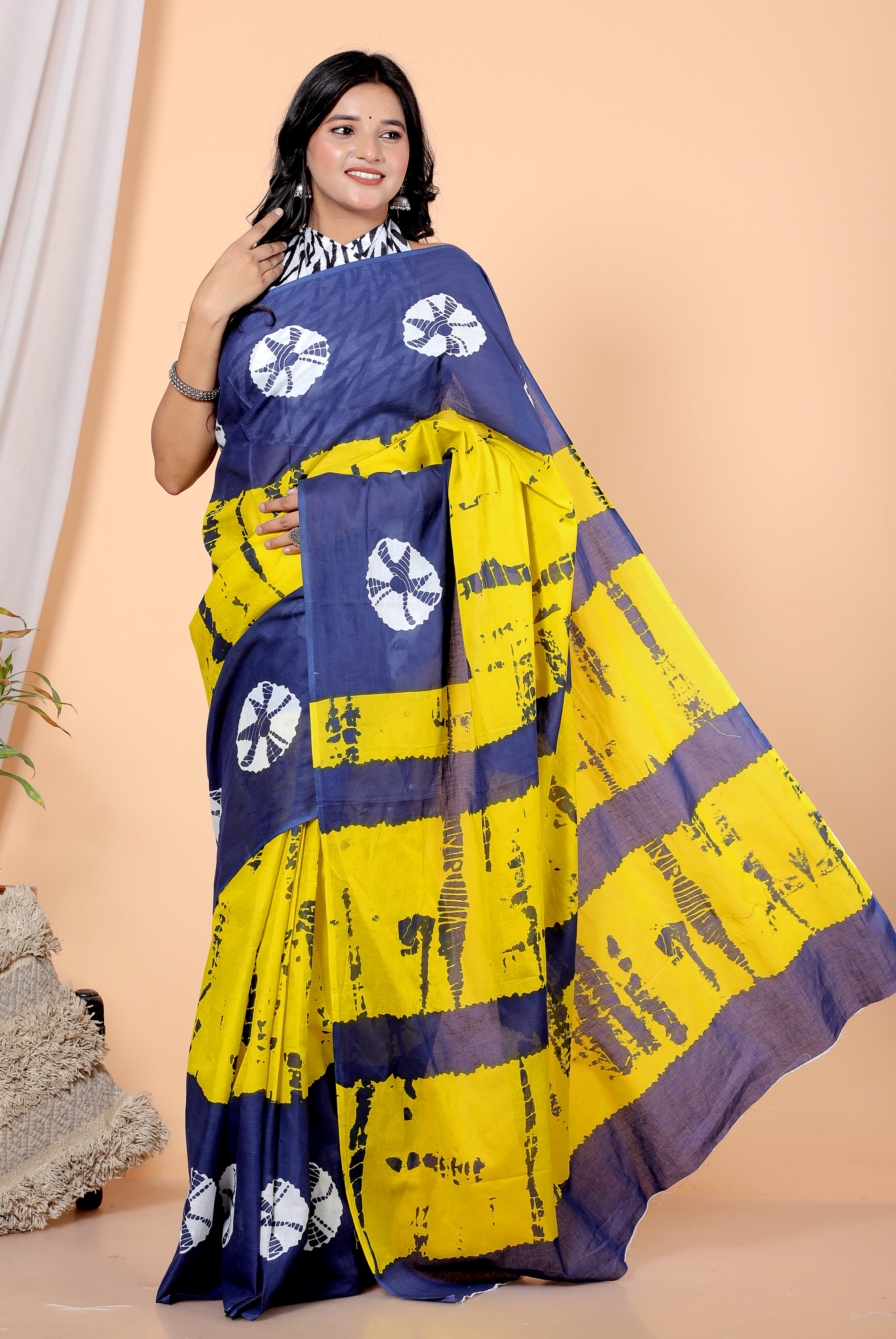 Bagru Block Print Cotton mulmul Sarees With Running Yellow Blue  HS-5052