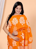 Bagru Block Print Cotton mulmul Sarees With Running Orange HS-5053