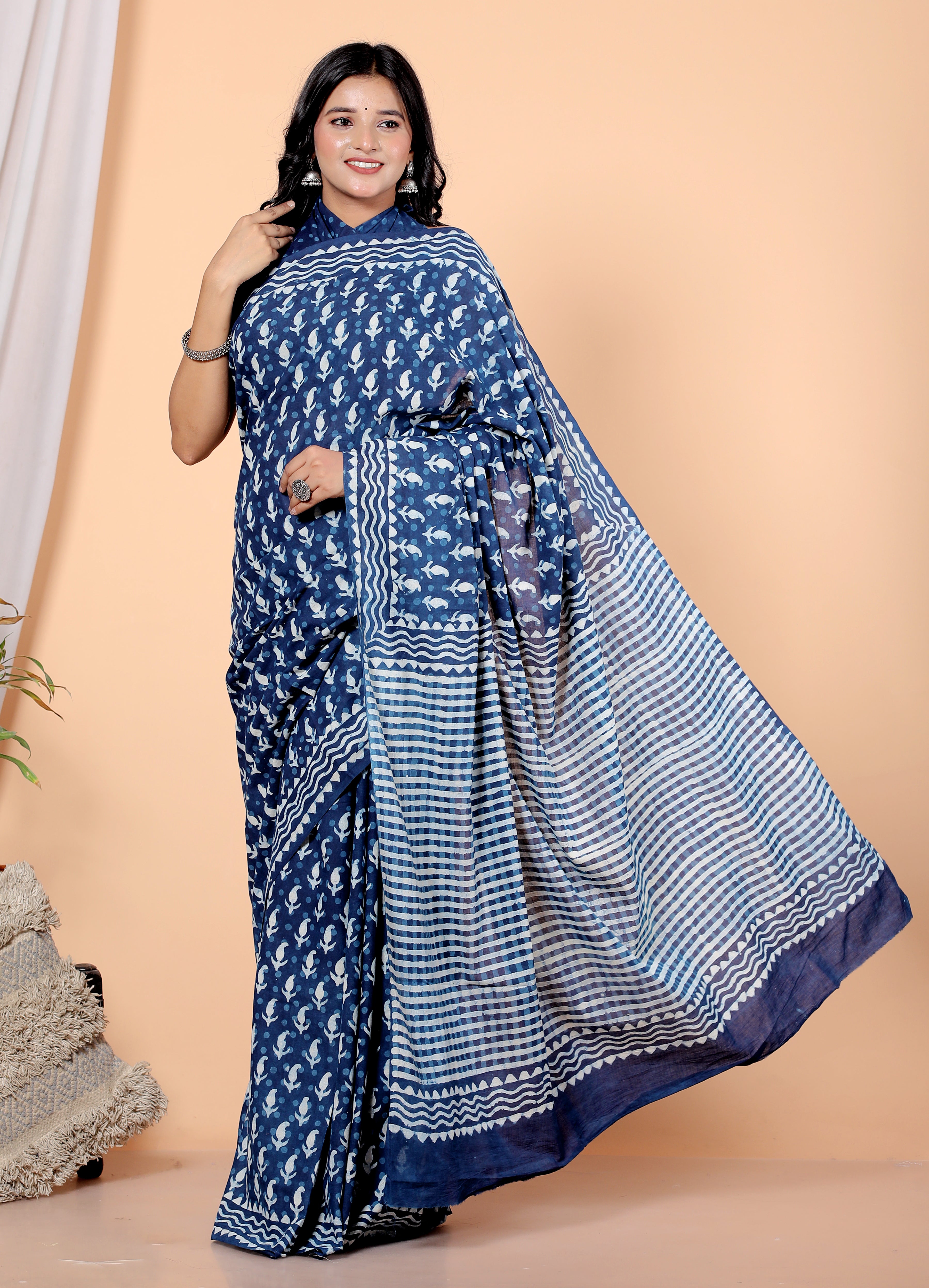 Bagru Block Print Cotton mulmul Sarees With Running Blue HS-5056