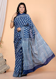 Bagru Block Print Cotton mulmul Sarees With Running Blue HS-5056