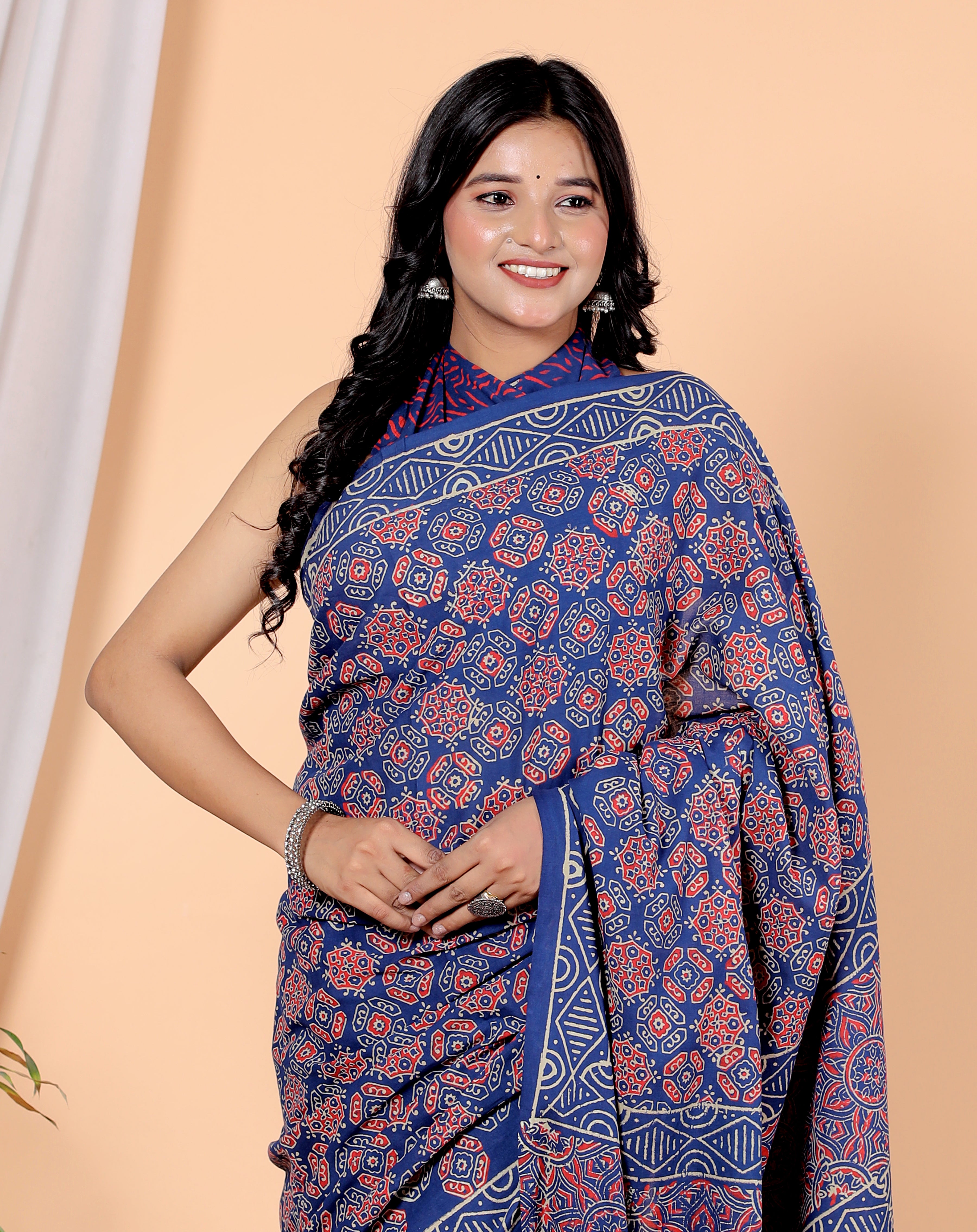 Bagru Block Print Cotton mulmul Sarees With Running Blue HS-5057