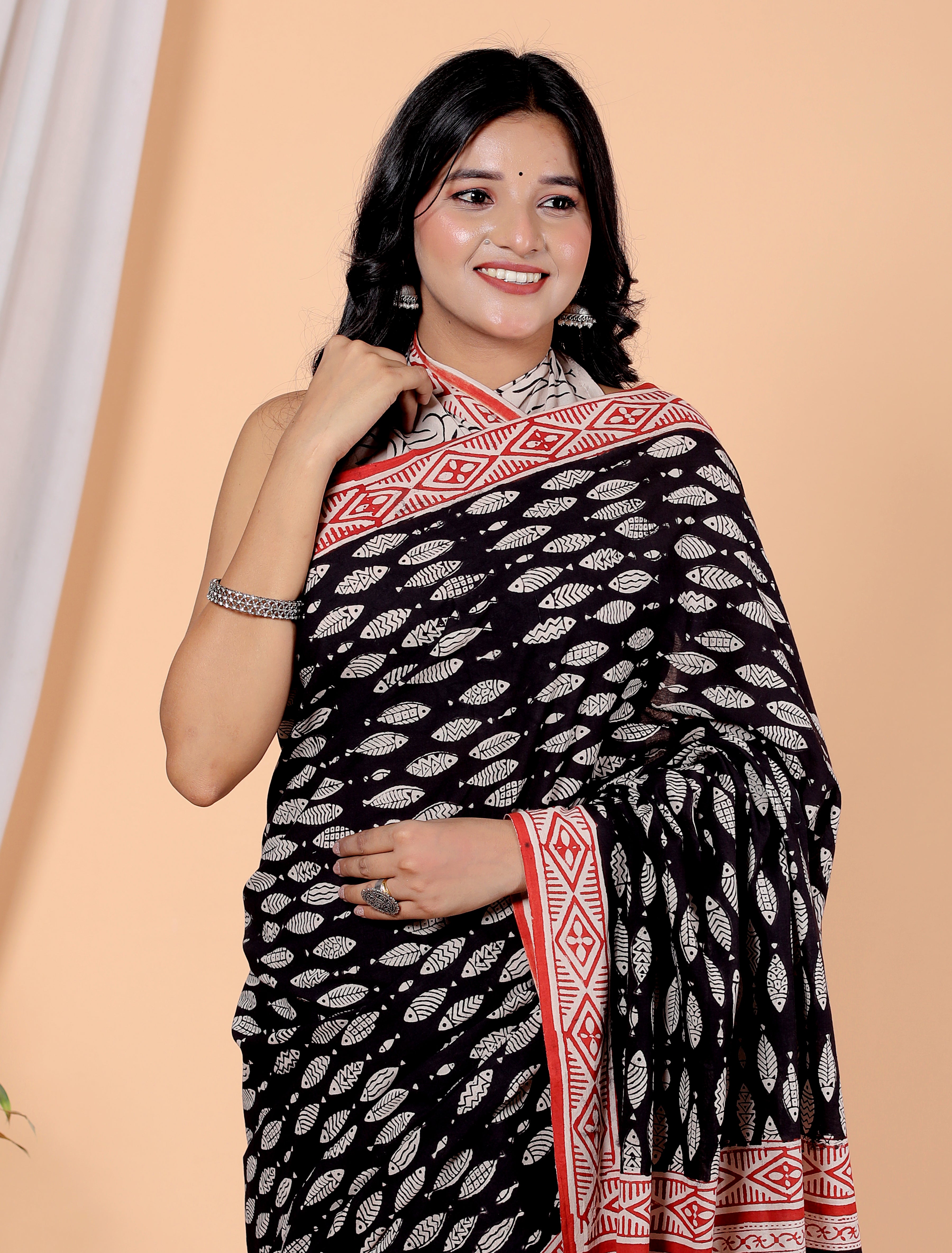 Bagru Block Print Cotton mulmul Sarees With Running Black HS-5058