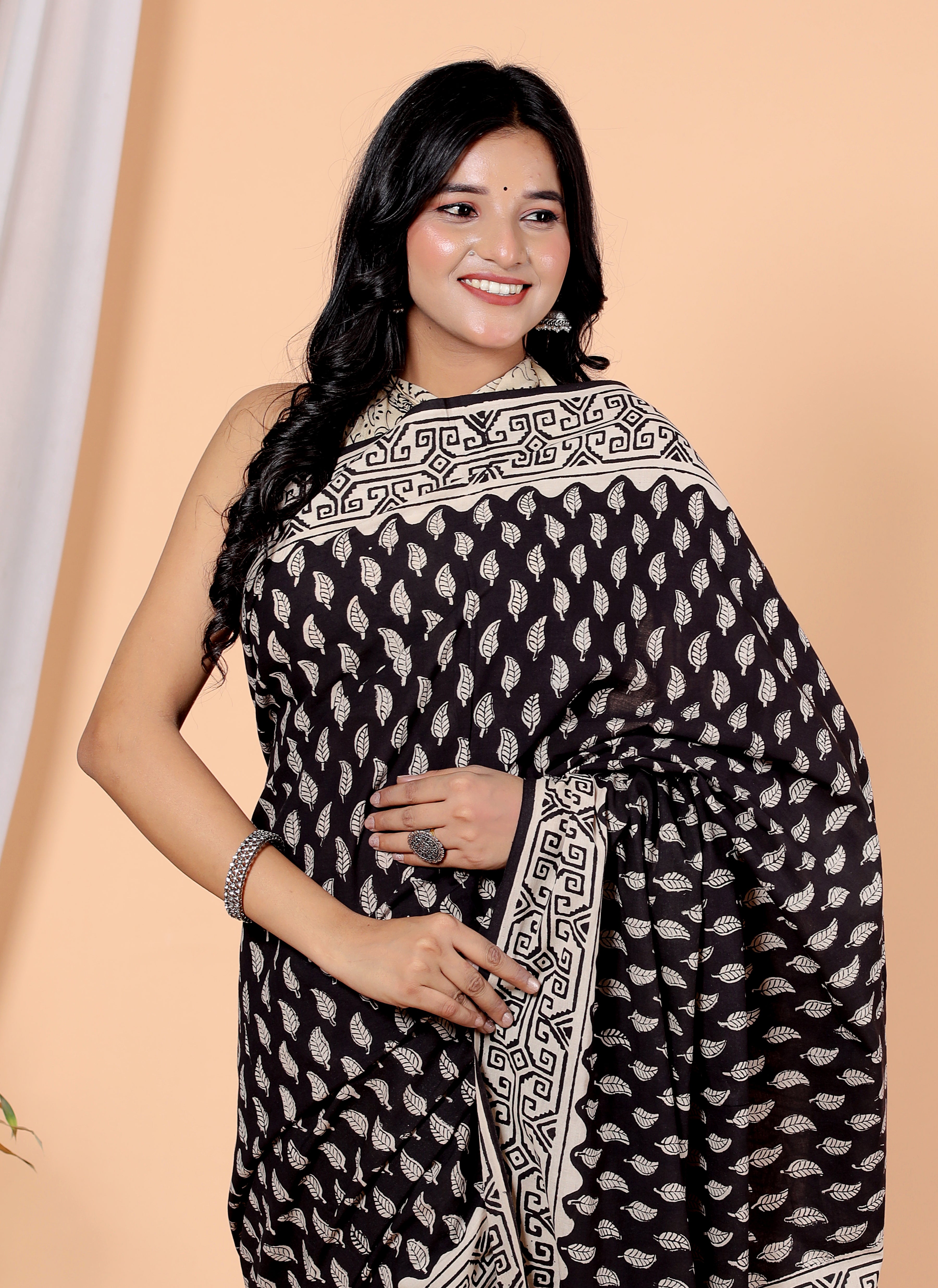 Bagru Block Print Cotton mulmul Sarees With Running Black HS-5060