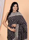 Bagru Block Print Cotton mulmul Sarees With Running Black HS-5060