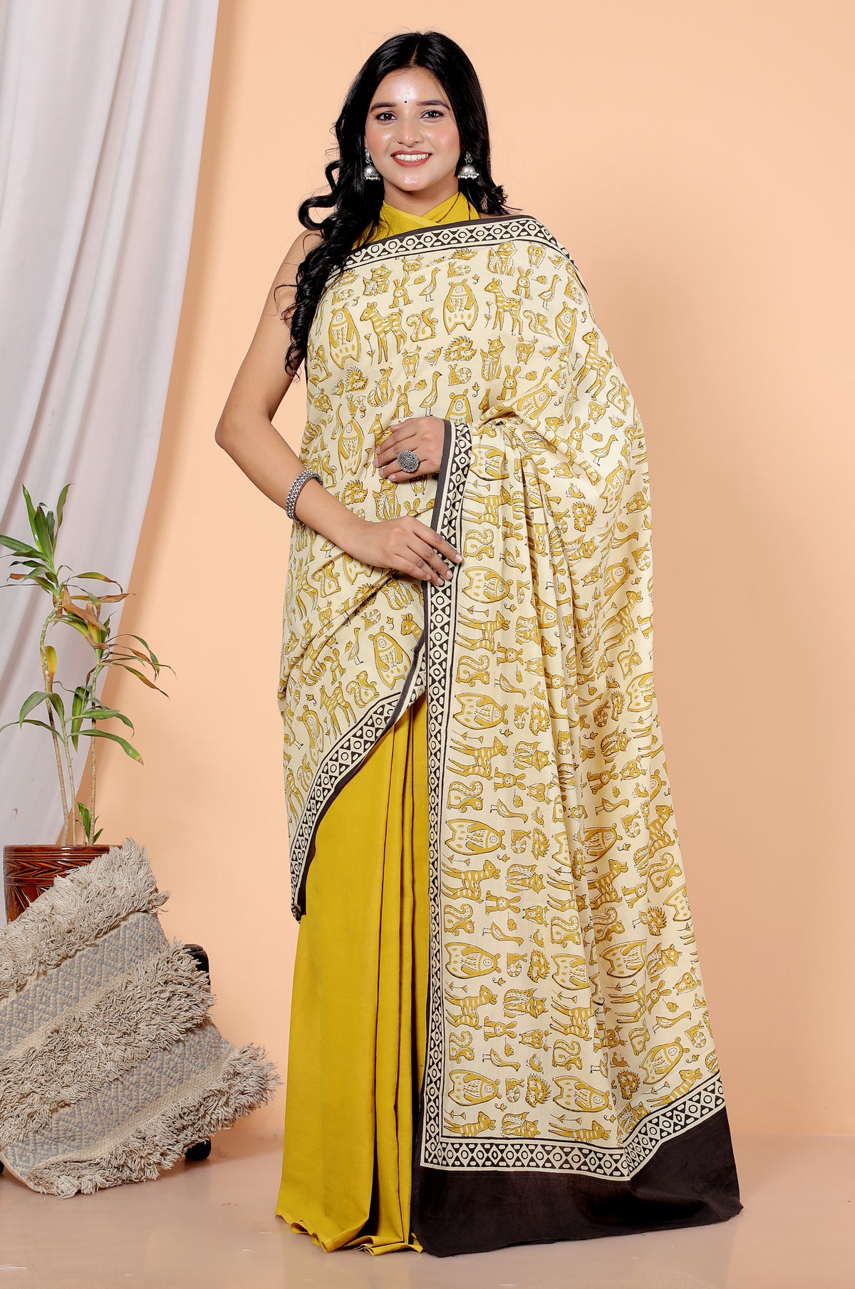 Bagru Block Print Cotton mulmul Sarees With Running Cream HS-5062