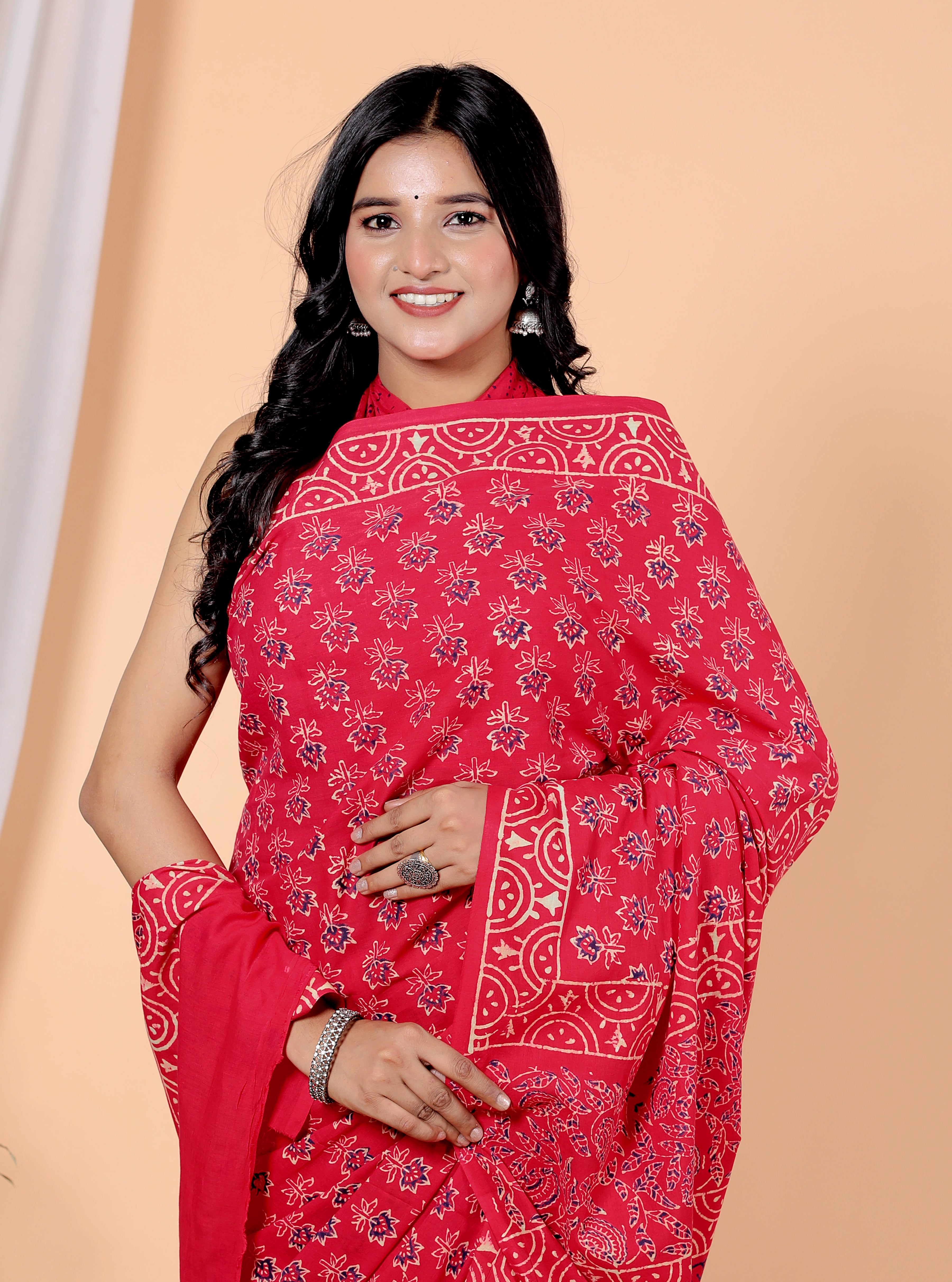 Bagru Block Print Cotton mulmul Sarees With Running Red HS-5063