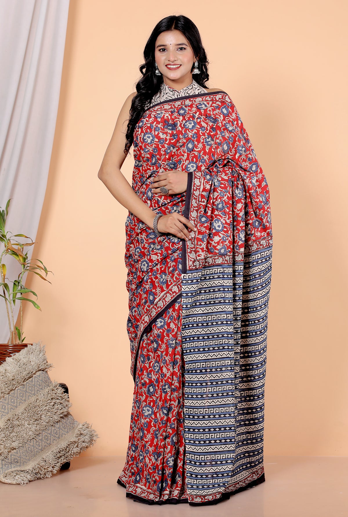 Bagru Block Print Cotton mulmul Sarees With Running Red Purple HS-5064