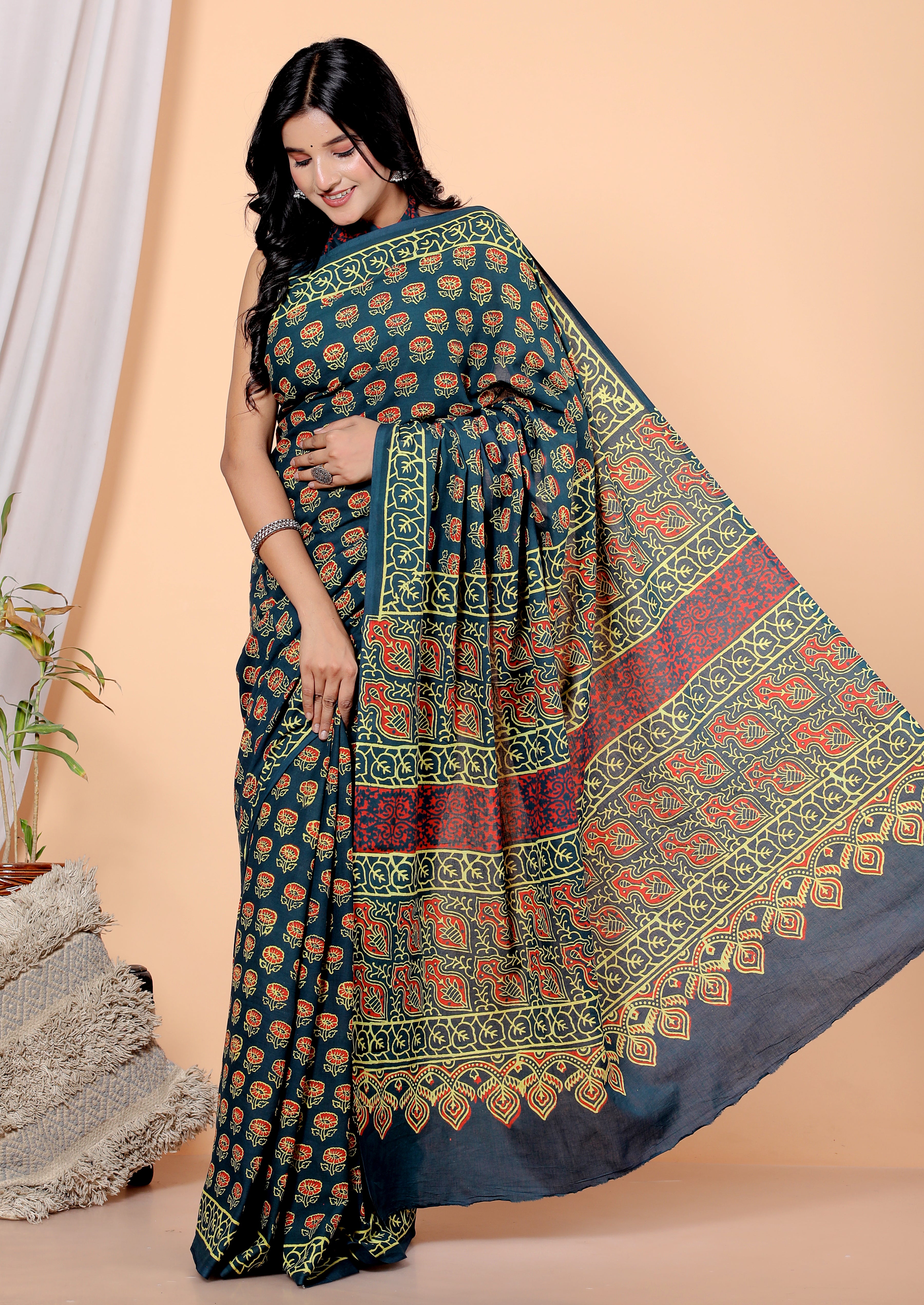 Bagru Block Print Cotton mulmul Sarees With Running Purple HS-5065