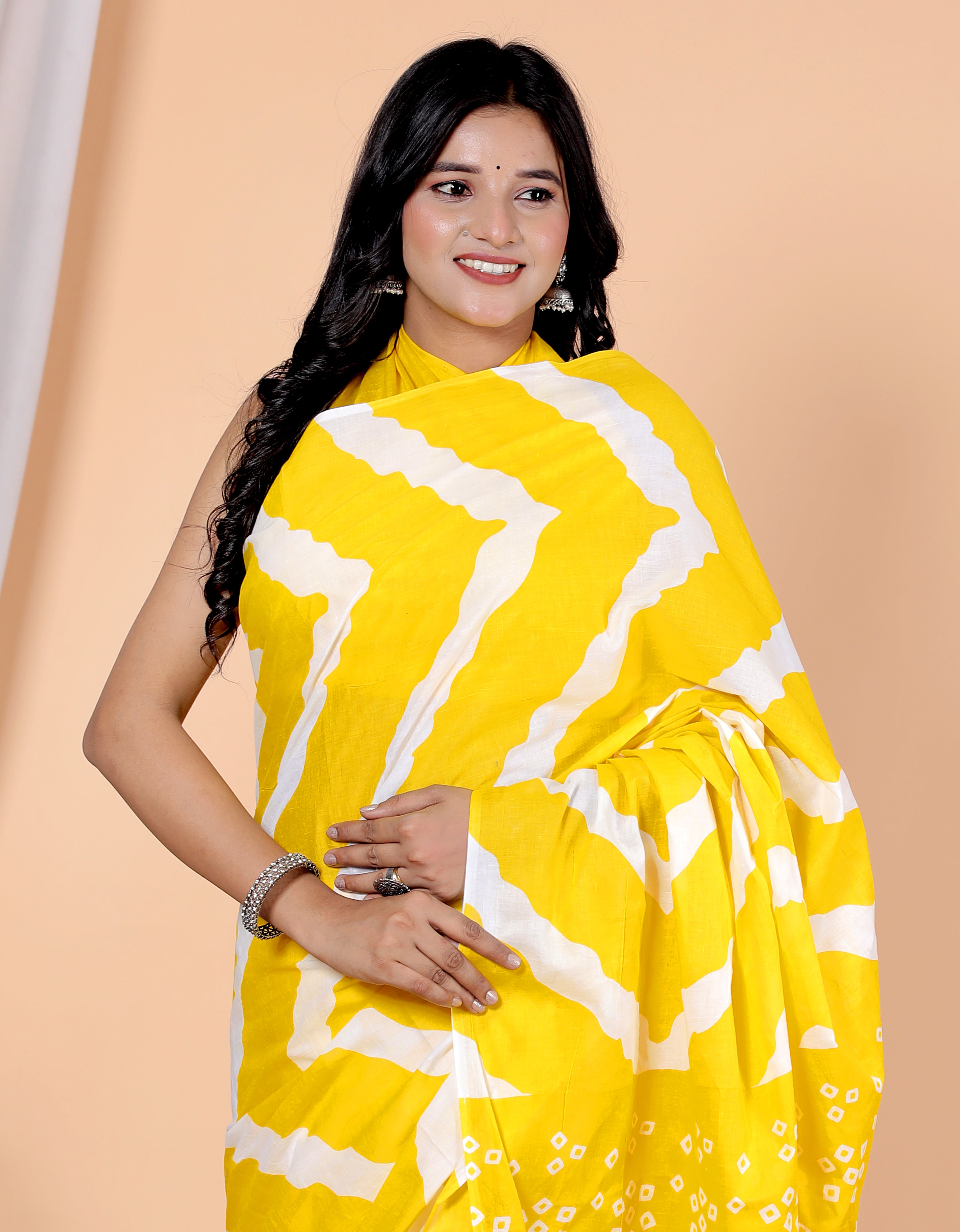 Bagru Block Print Cotton mulmul Sarees With Running Yellow  HS-5068