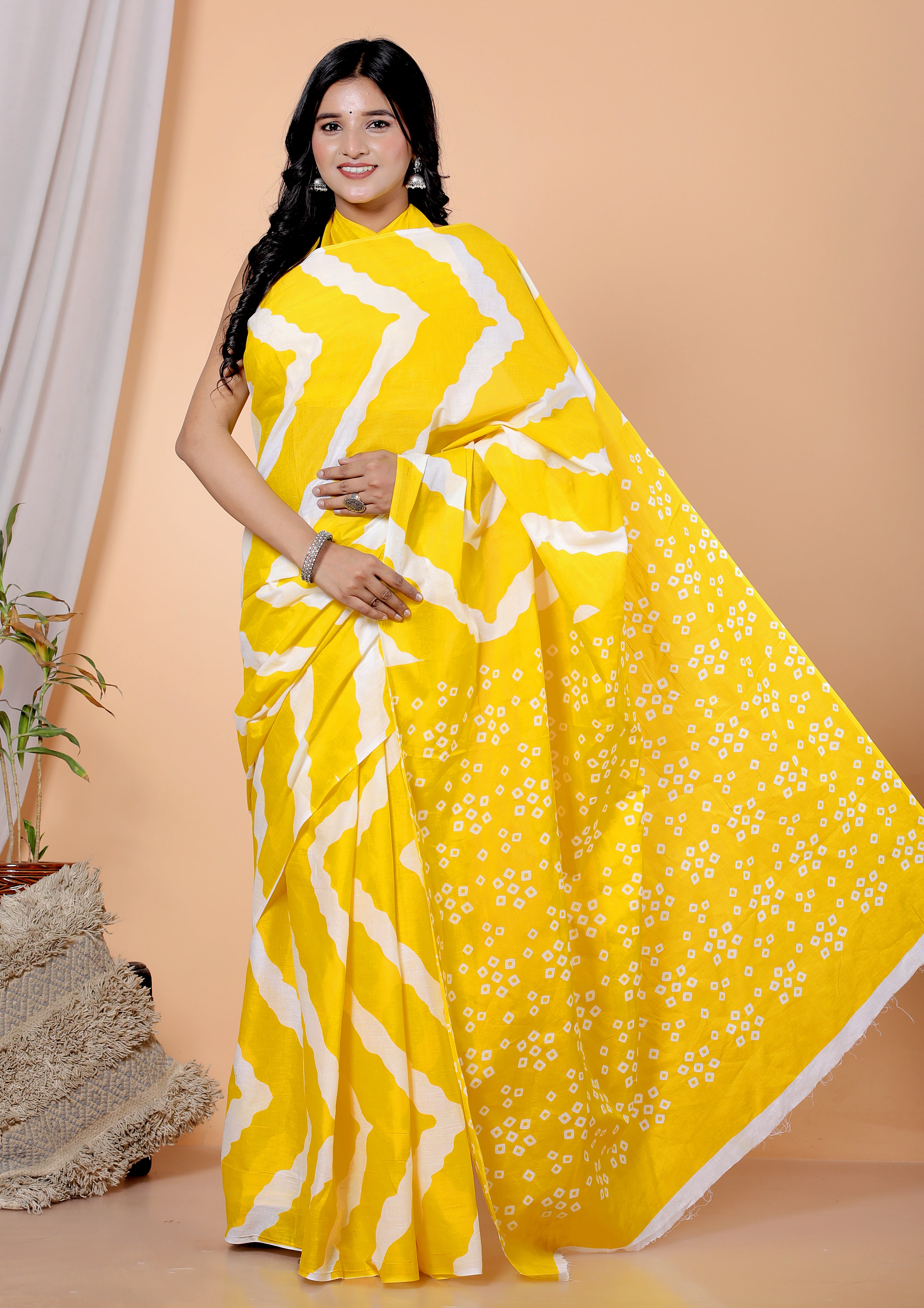 Bagru Block Print Cotton mulmul Sarees With Running Yellow  HS-5068