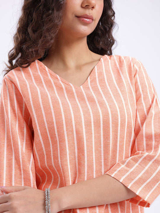 Women Striped Cotton Top Peach Color