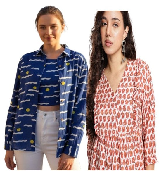 Combo of 2 Blue and CreamRed Cotton Women Top