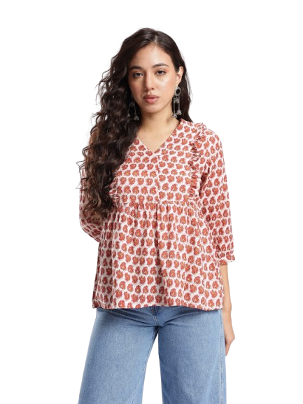 Combo of 2 REDCREAM And BLUE Cotton Flax Women Top (TP066-ESHK00033)